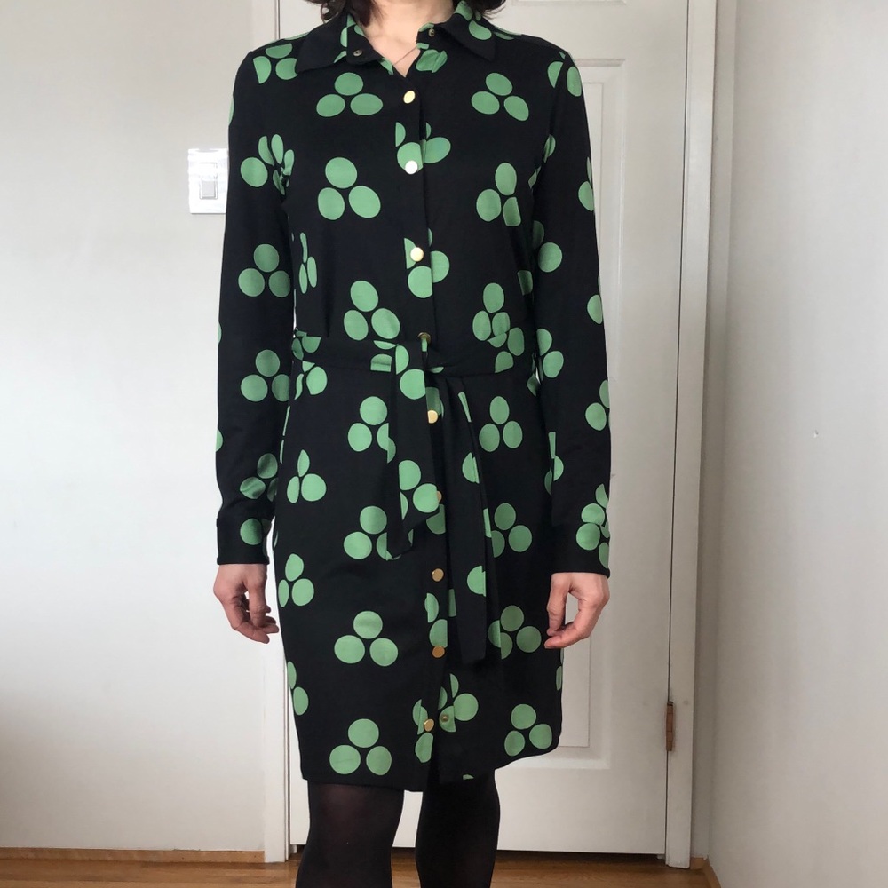 DVF Diane von Furstenberg sz 6 100% Silk Three Leaf Clover Belted Shirt Dress ☘️